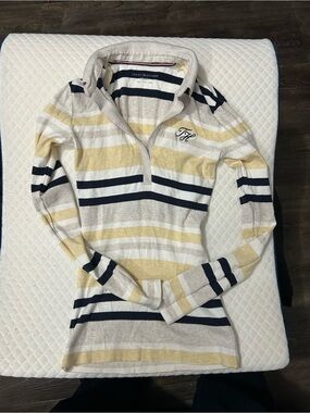 Tommy Hilfiger Striped Half-Zip Polo in White, Navy & Yellow